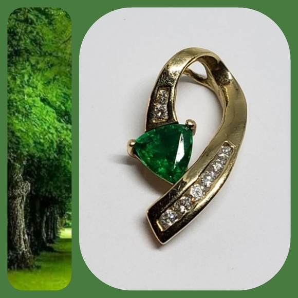 Jewelry - 14K Solid Yellow Gold Emerald Diamond Pendant